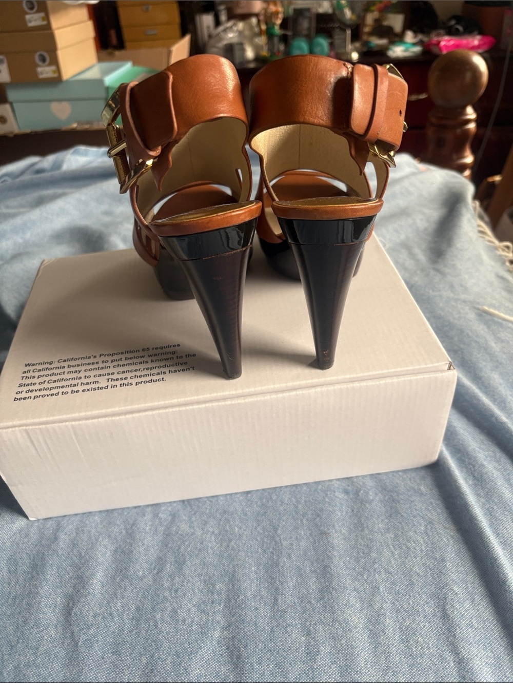 Michael Kors Tan Leather High Heel Slingback Sandals Platform 1in, heels 4 inch - Picture 4 of 9